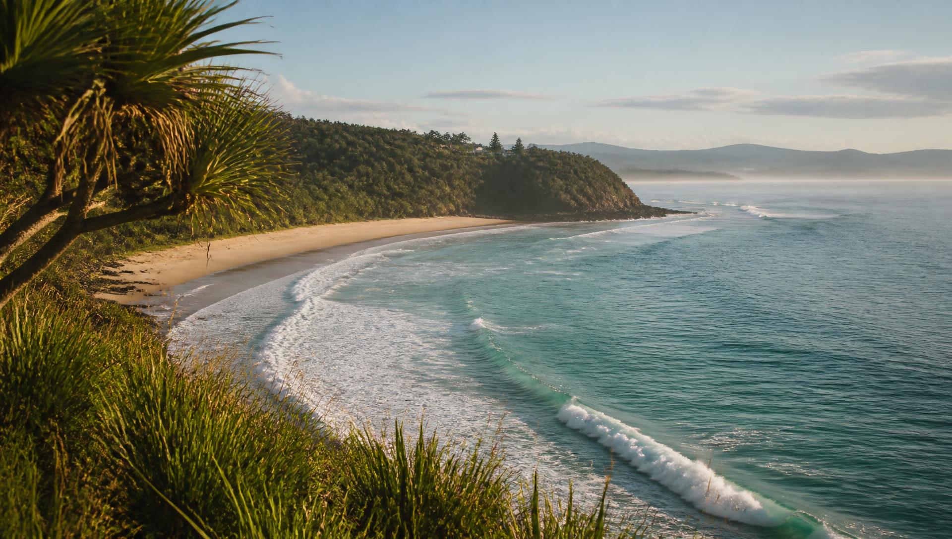 Golden morning light over a sweeping east coast Australian beach and headland